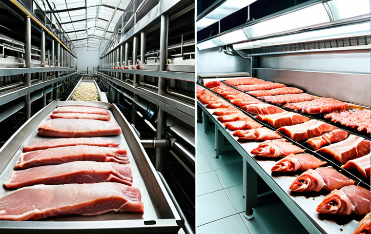 **
A split image. On one side, a depiction of ancient food preservation techniques like sun-drying fish or salting meat. On the other side, a modern food processing plant with advanced machinery. The overall theme is the evolution of food engineering, from traditional methods to modern innovation.
**