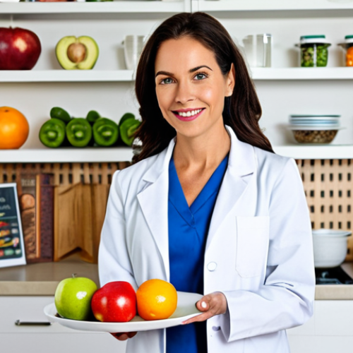 **

A professional female nutritionist in a fully clothed lab coat, standing in a bright and clean modern kitchen. She is holding a vibrant plate of fresh fruits and vegetables. The background includes shelves filled with healthy cookbooks and nutritional guides. Perfect anatomy, correct proportions, natural pose, well-formed hands, proper finger count, natural body proportions. Safe for work, appropriate content, fully clothed, professional, family-friendly.

**
