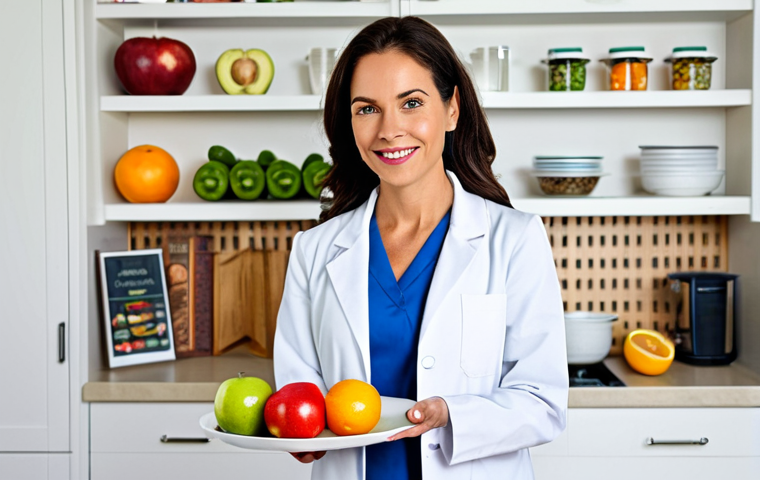 **
A professional female nutritionist in a fully clothed lab coat, standing in a bright and clean modern kitchen. She is holding a vibrant plate of fresh fruits and vegetables. The background includes shelves filled with healthy cookbooks and nutritional guides. Perfect anatomy, correct proportions, natural pose, well-formed hands, proper finger count, natural body proportions. Safe for work, appropriate content, fully clothed, professional, family-friendly.
**