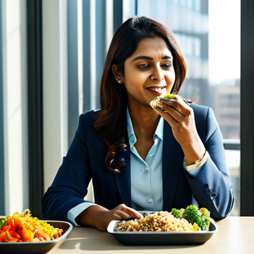 Modern Office Lunch**

"A professional Bengali woman in a modest business casual outfit, eating a healthy lunch of mixed vegetables, brown rice, and lentils from a reusable container at her desk in a bright, modern office. Sunlight streams through the window. Fully clothed, appropriate attire, safe for work, perfect anatomy, natural proportions, high quality, professional photography, family-friendly."

**