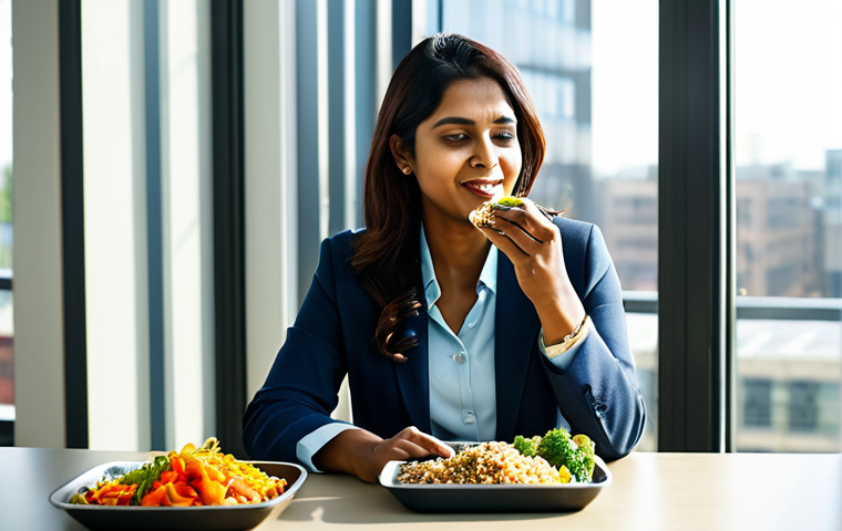 Modern Office Lunch**

"A professional Bengali woman in a modest business casual outfit, eating a healthy lunch of mixed vegetables, brown rice, and lentils from a reusable container at her desk in a bright, modern office. Sunlight streams through the window. Fully clothed, appropriate attire, safe for work, perfect anatomy, natural proportions, high quality, professional photography, family-friendly."

**