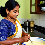 **Homemade Mayonnaise Preparation:** A mother in a traditional Bengali kitchen, fully clothed in a sari, carefully whisking a bowl of mayonnaise. The scene includes eggs, oil, and vinegar. Focus on the act of cooking, with a warm and inviting atmosphere. Safe for work, appropriate content, family-friendly, perfect anatomy, correct proportions, natural pose, professional photography, high quality.