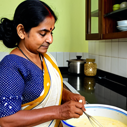 **Homemade Mayonnaise Preparation:** A mother in a traditional Bengali kitchen, fully clothed in a sari, carefully whisking a bowl of mayonnaise. The scene includes eggs, oil, and vinegar. Focus on the act of cooking, with a warm and inviting atmosphere. Safe for work, appropriate content, family-friendly, perfect anatomy, correct proportions, natural pose, professional photography, high quality.