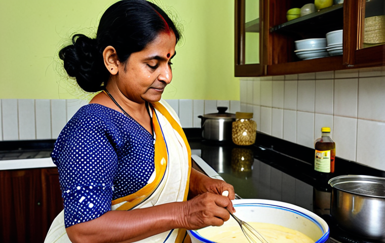 **Homemade Mayonnaise Preparation:** A mother in a traditional Bengali kitchen, fully clothed in a sari, carefully whisking a bowl of mayonnaise. The scene includes eggs, oil, and vinegar. Focus on the act of cooking, with a warm and inviting atmosphere. Safe for work, appropriate content, family-friendly, perfect anatomy, correct proportions, natural pose, professional photography, high quality.