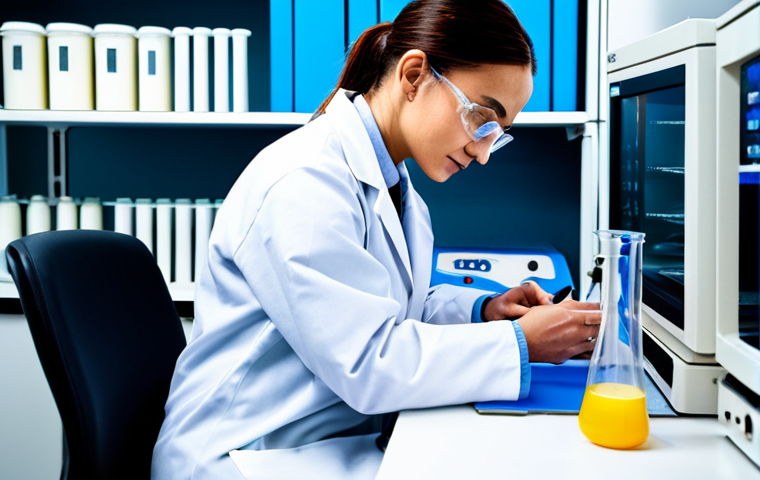 ** A professional food scientist in a clean lab coat, analyzing a sample of milk using HPLC (High-Performance Liquid Chromatography). Focus on the equipment and scientific process. Fully clothed, appropriate content, safe for work, professional attire, perfect anatomy, natural proportions, high quality.

**