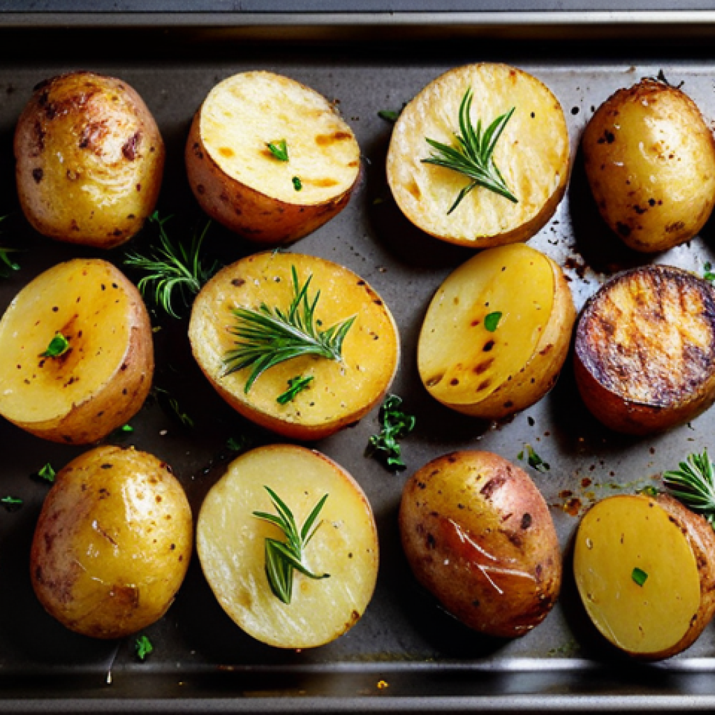 **Maillard Reaction Magic:** "Golden-brown roasted potatoes on a baking sheet, seasoned with herbs, perfect lighting, food photography, safe for work, appropriate content, fully clothed presentation, professional food styling, natural colors, delicious looking."