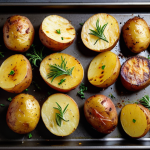 **Maillard Reaction Magic:** "Golden-brown roasted potatoes on a baking sheet, seasoned with herbs, perfect lighting, food photography, safe for work, appropriate content, fully clothed presentation, professional food styling, natural colors, delicious looking."
