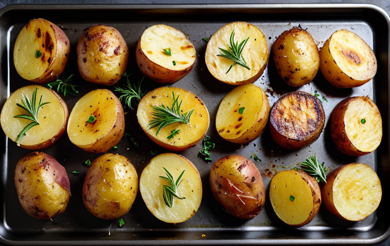 **Maillard Reaction Magic:** "Golden-brown roasted potatoes on a baking sheet, seasoned with herbs, perfect lighting, food photography, safe for work, appropriate content, fully clothed presentation, professional food styling, natural colors, delicious looking."