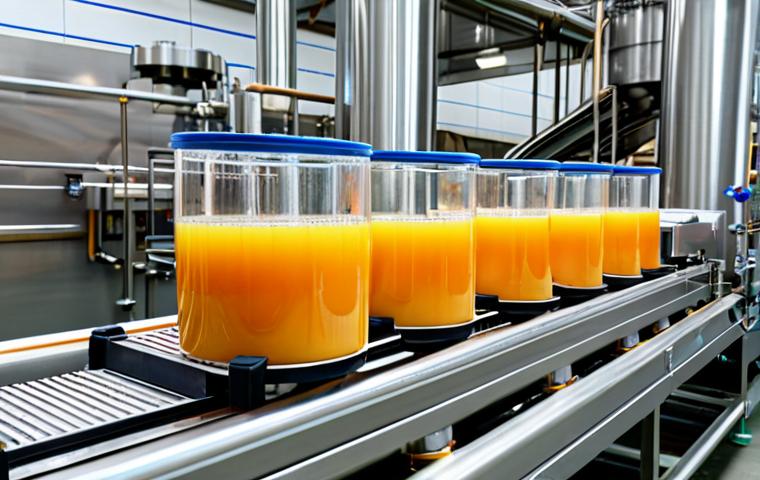 고압 처리식품 공정 - "High pressure processing equipment in a food production facility, showcasing fruit juice being proc...