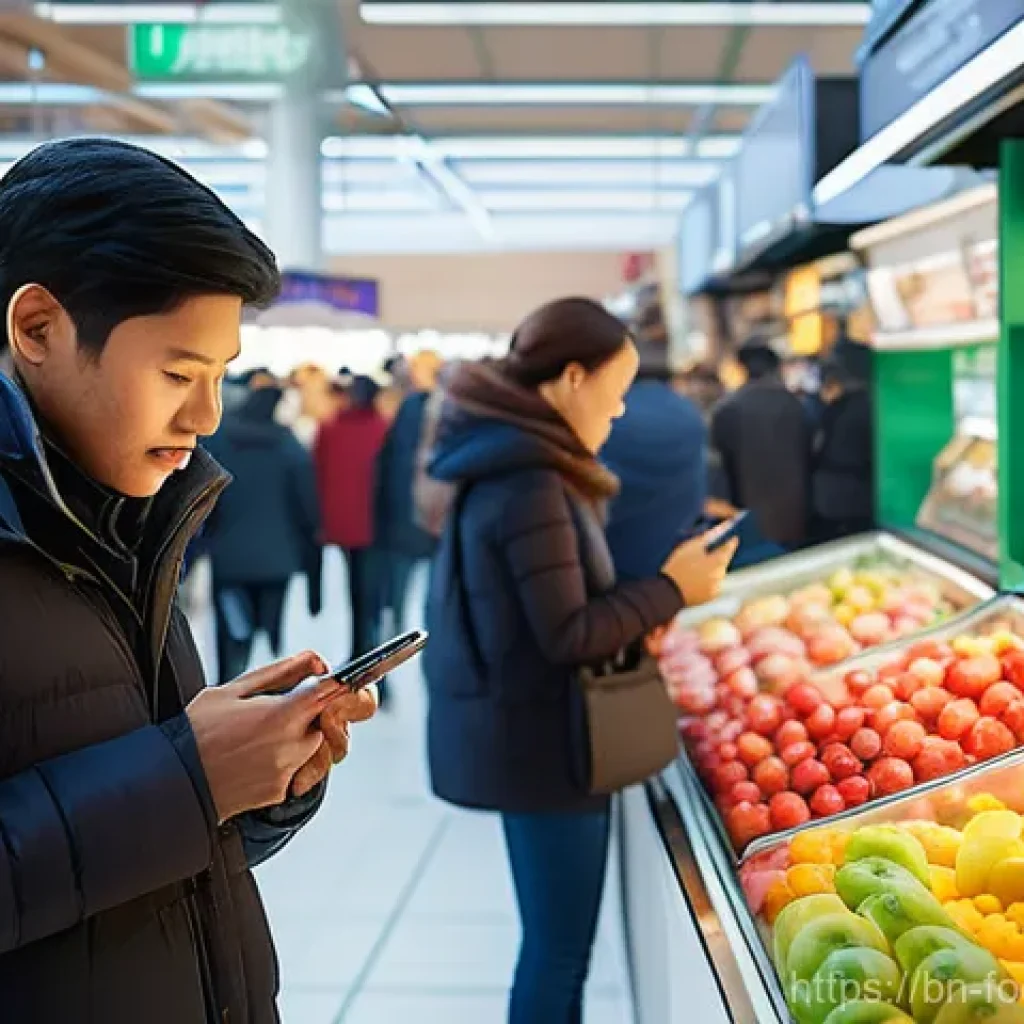 식품 내 유해물질 검출 기술 - **Prompt 1: Smart Sensors for Freshness in a Modern Market**
    "A bustling, brightly lit modern in...