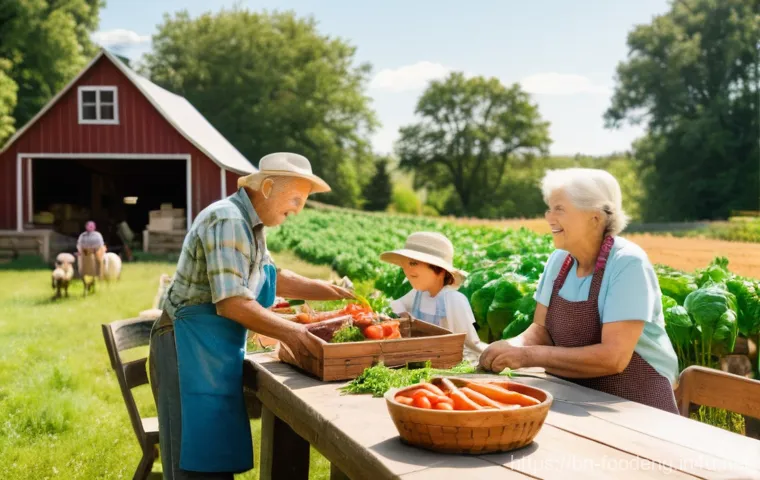 식품의 친환경 가공 기술 - **Prompt:** "A brightly lit, modern farmers' market stall or a clean supermarket aisle featuring an ...