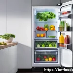 식품 가공에서의 광촉매 기술 - **Prompt:** A pristine, brightly lit interior of a modern, smart refrigerator. Inside, various fresh...