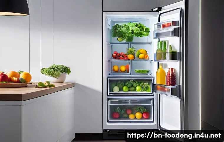 식품 가공에서의 광촉매 기술 - **Prompt:** A pristine, brightly lit interior of a modern, smart refrigerator. Inside, various fresh...