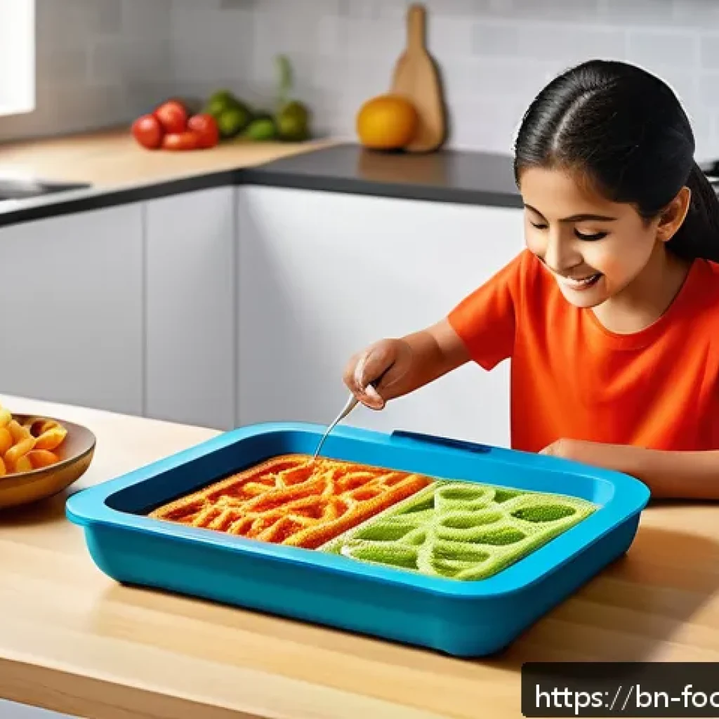 식품공학에서의 3D 프린팅 - A vibrant and creative kitchen scene showcasing a 3D food printer actively creating colorful, intric...