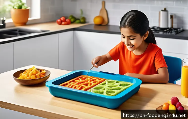 식품공학에서의 3D 프린팅 - A vibrant and creative kitchen scene showcasing a 3D food printer actively creating colorful, intric...