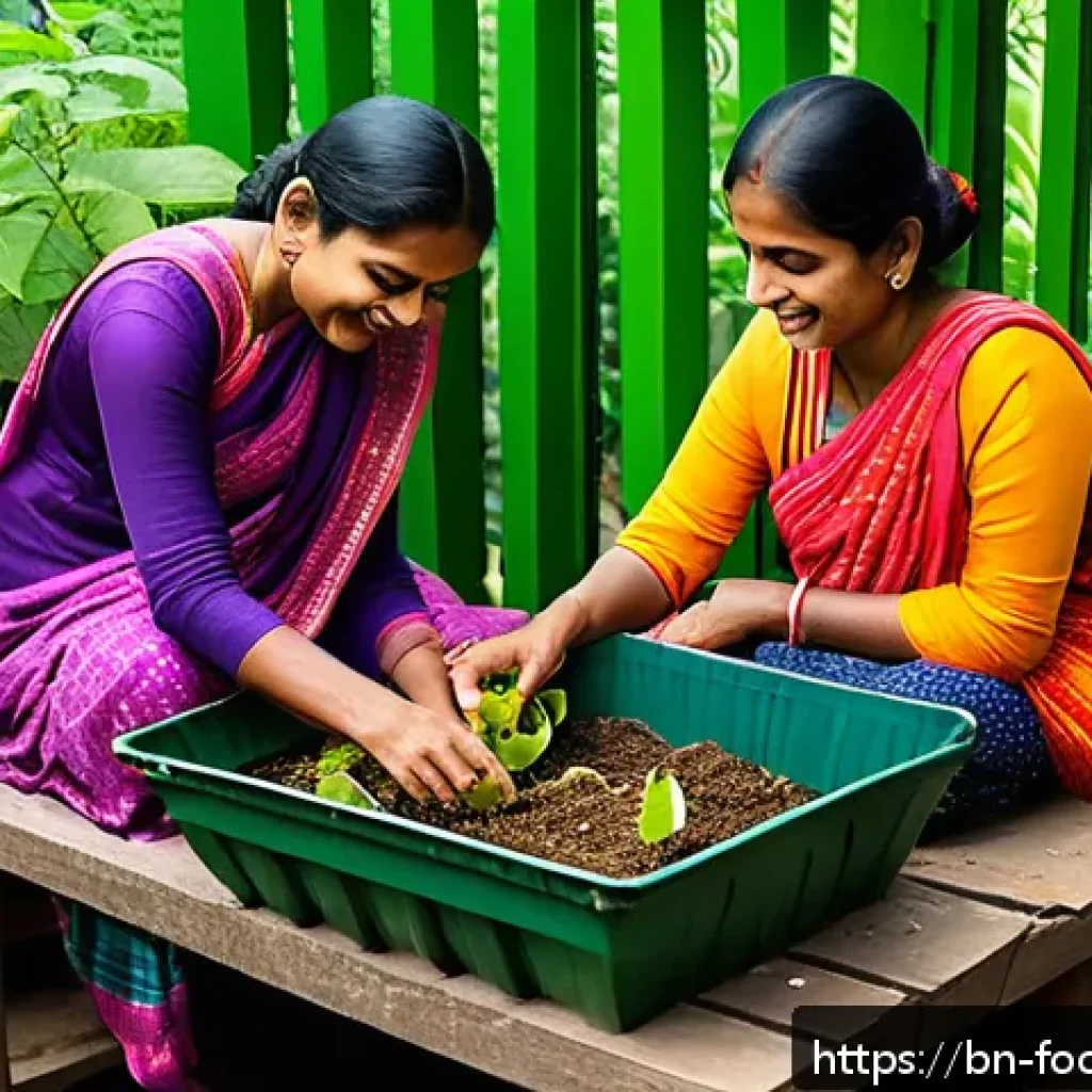 식품 폐기물 재활용 - A vibrant urban balcony garden scene in Bangladesh, featuring a small composting bin filled with col...