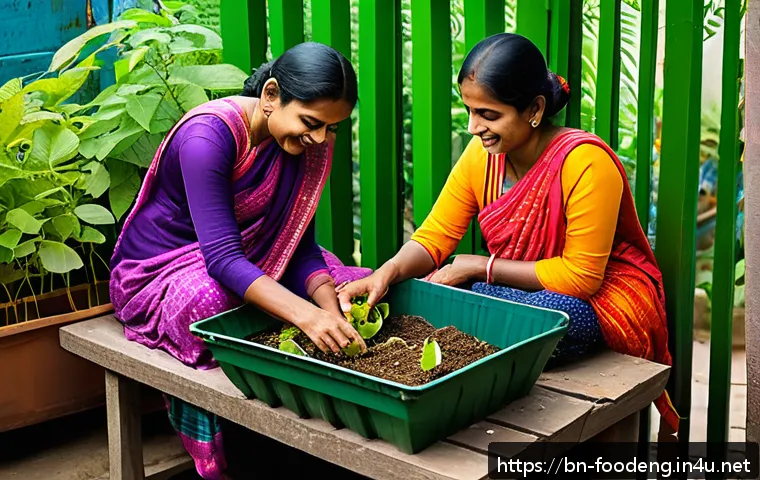 식품 폐기물 재활용 - A vibrant urban balcony garden scene in Bangladesh, featuring a small composting bin filled with col...