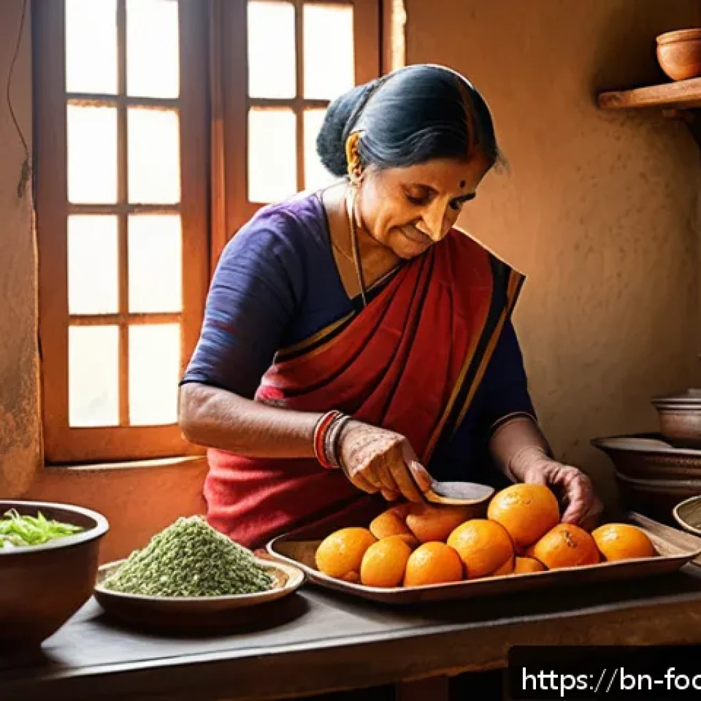 프로바이오틱스와 프리바이오틱스 - A vibrant and detailed illustration of a traditional Bengali kitchen scene featuring a middle-aged B...