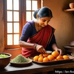 프로바이오틱스와 프리바이오틱스 - A vibrant and detailed illustration of a traditional Bengali kitchen scene featuring a middle-aged B...