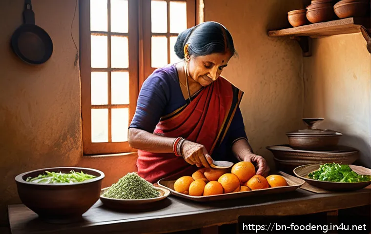 프로바이오틱스와 프리바이오틱스 - A vibrant and detailed illustration of a traditional Bengali kitchen scene featuring a middle-aged B...