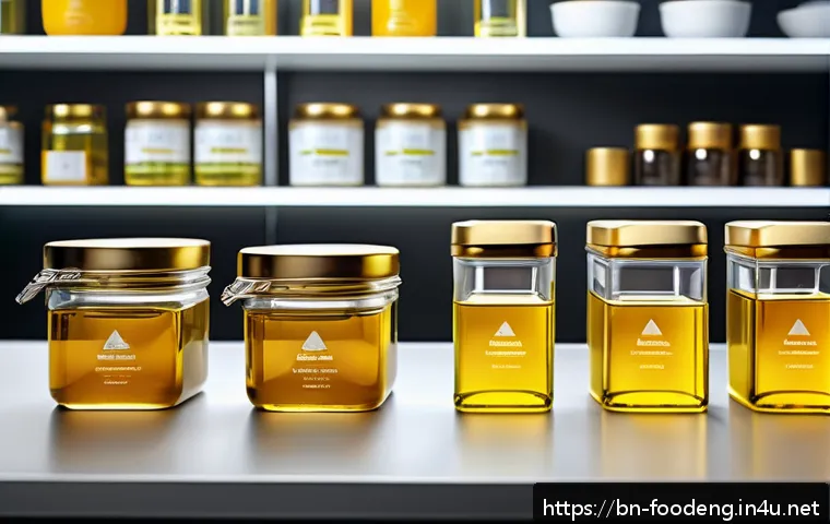 식품 가공 중 지방 산화 방지 - A modern kitchen scene showcasing advanced fat preservation technology: a close-up of transparent na...