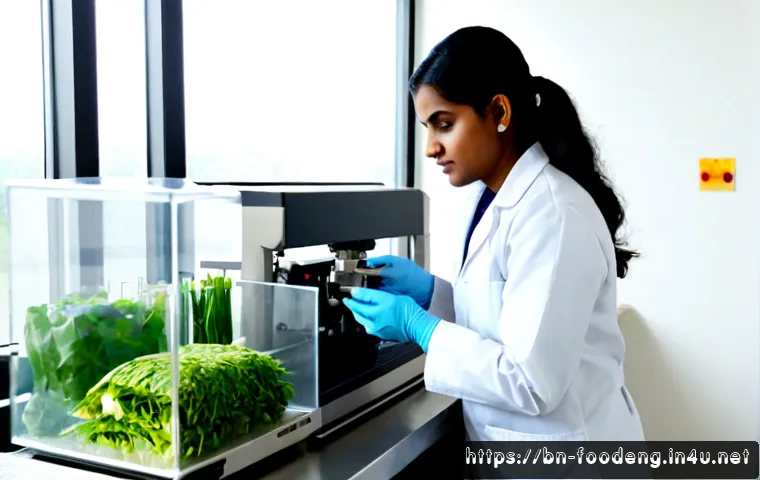 식품 내 중금속 검출 기술 - Photorealistic food safety laboratory scene, a South Asian female scientist in a clean white lab coa...