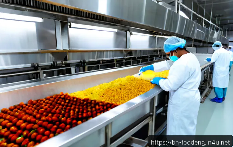 식품가공기술 개요 - Photorealistic modern food processing facility, a hygienic stainless-steel production line washing a...