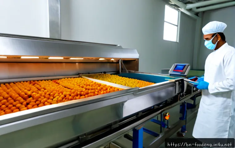 식품가공 공정 최적화 - Photorealistic modern food processing facility, stainless steel conveyor carrying evenly sliced fres...