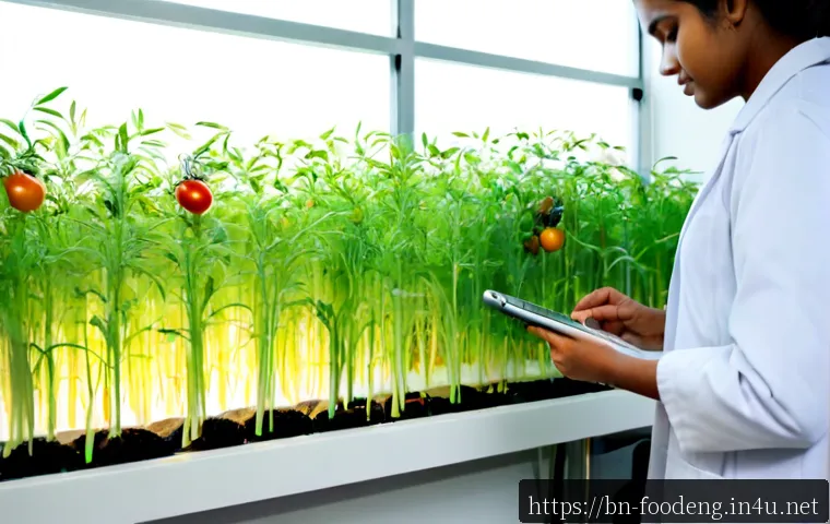 식품에서의 유전자 교정 기술 - Photorealistic food science laboratory in Bangladesh, South Asian female researcher in a clean white...